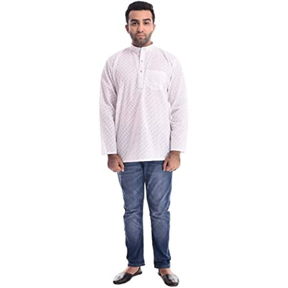 Royal Kurta Mens Short Cotton Lucknowi Kurta White