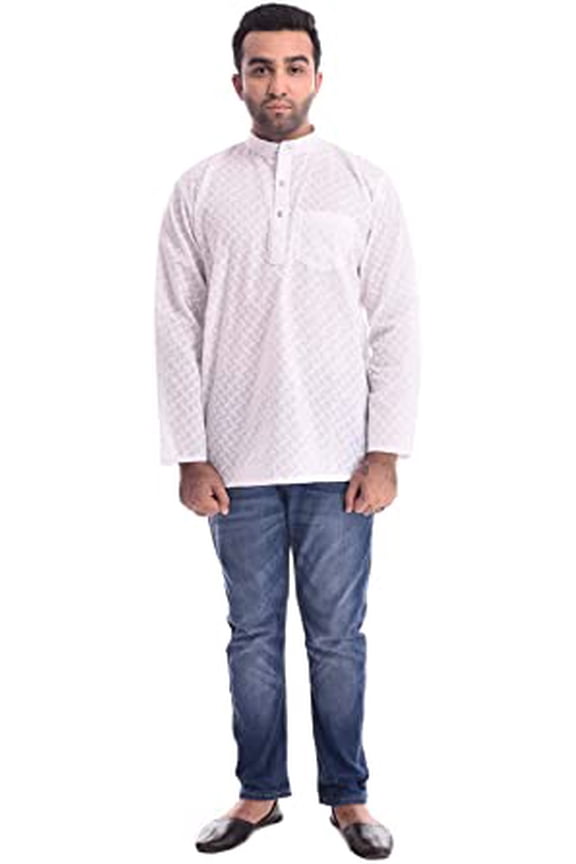 Mens Short Cotton Lucknowi Kurta White