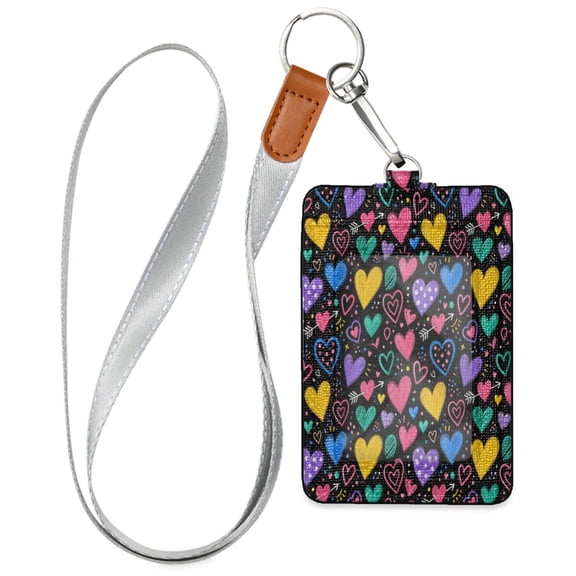 PU Leather Badge Holder Lightweight ID Card Holder with Window Pocket Vibrantly Colored Heart Patterns