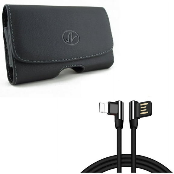 Angle USB Cable w Case Belt Clip for iPhone XS/X - 6ft Charger Cord Power Wire Sync, Leather Holster Cover Loops Pouch for iPhone XS/X