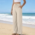 thumbnail image 4 of Women's High Waist Boho Linen Palazzo Pants Lightweight Wide Leg Summer Work Pants Beige L, 4 of 4