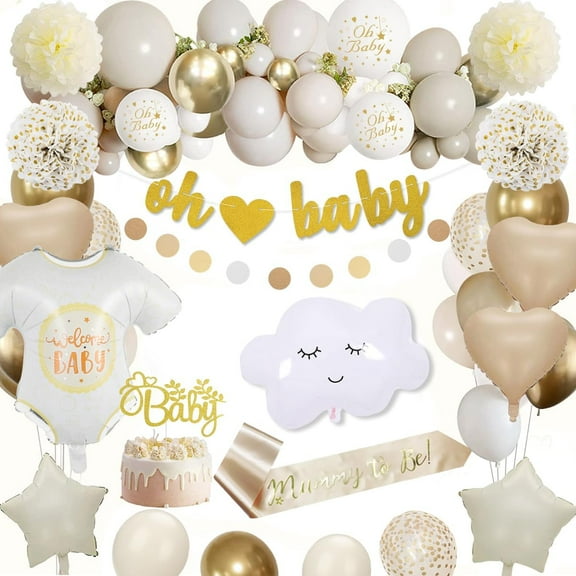 AYUQI Baby Shower Decorations Boys Girls, Beige Cream Baby Shower Neutral Kit with Balloon Arch, Banner, Gold Dots Garland, Cake Topper, Paper Pompoms for Unisex Gender Reveal Party