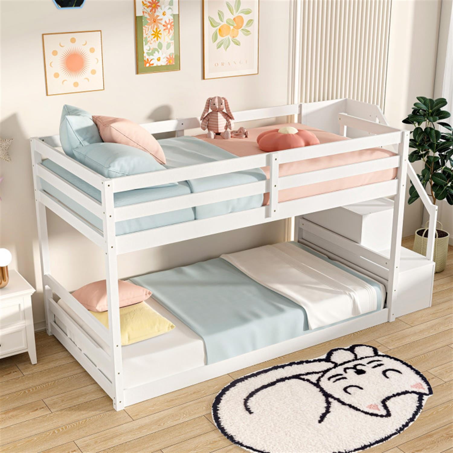 Demi Bonn Twin Over Twin Low Bunk Bed with Storage Stairs, Solid Wood Floor Bunkbeds Frame for Bedroom, No Box Spring Needed, White