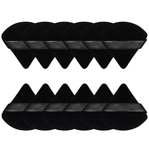 Pimoys 12 Pieces Powder Puff Face Triangle Makeup Sponge for Loose Powder Setting Powder Velour Foundation Blender Sponge Beauty Makeup Tool, Black