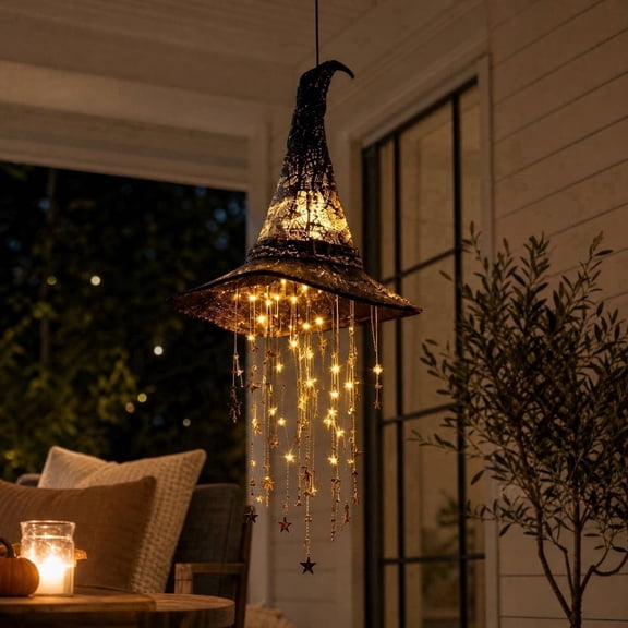 AMARHH Lighted Witch Hat Hanging Wind Chime, Lighted Witch Hat Hanging Decor with Cascading Stars, Vintage Glowing Witch Hat Ornament for Indoor Outdoor Porch Yard Garden Party