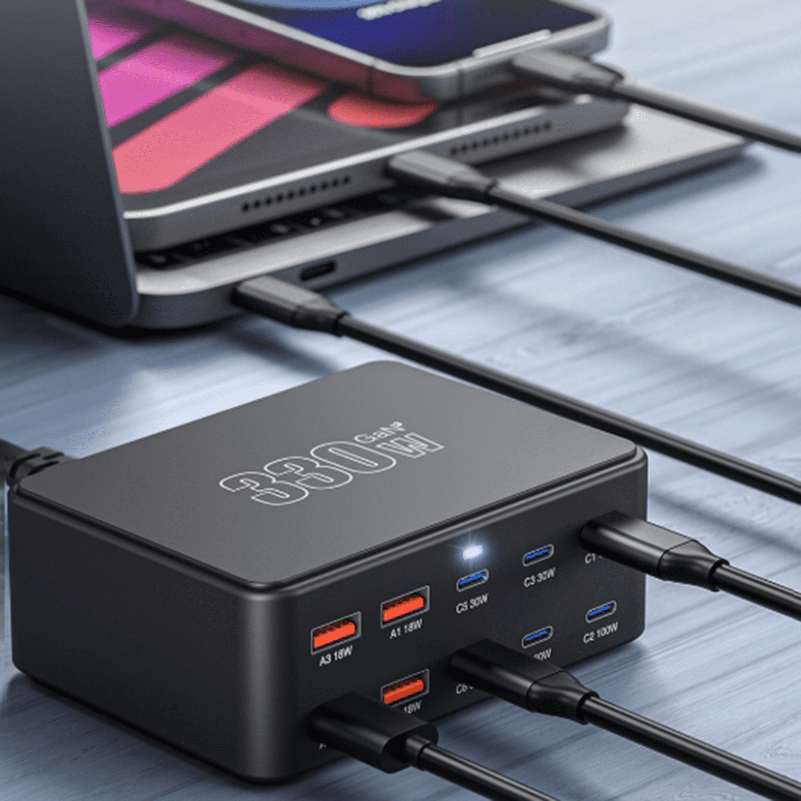 330W GaN 10 Port USB C Charging Station 100W PD QC3.0 Fast Wall Charger Hub for Laptop MacBook Dell iPhone Samsung Phone Tablet Smartwatch