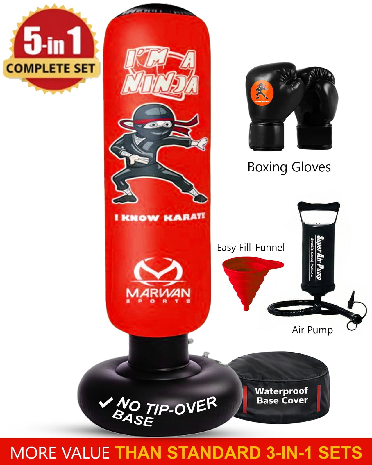 Marwan Sports, Kids Punching Bag, Inflatable Ninja Set with Air