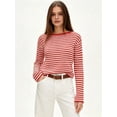 thumbnail image 5 of Women's Boat Neck Striped Open Knit Relaxed Fit Pullover Sweater Red S, 5 of 9