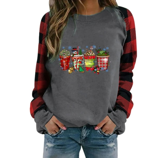 Túnica de moda Gibobby Sudadera con estampado navideño para mujer Top a cuadros rojo S