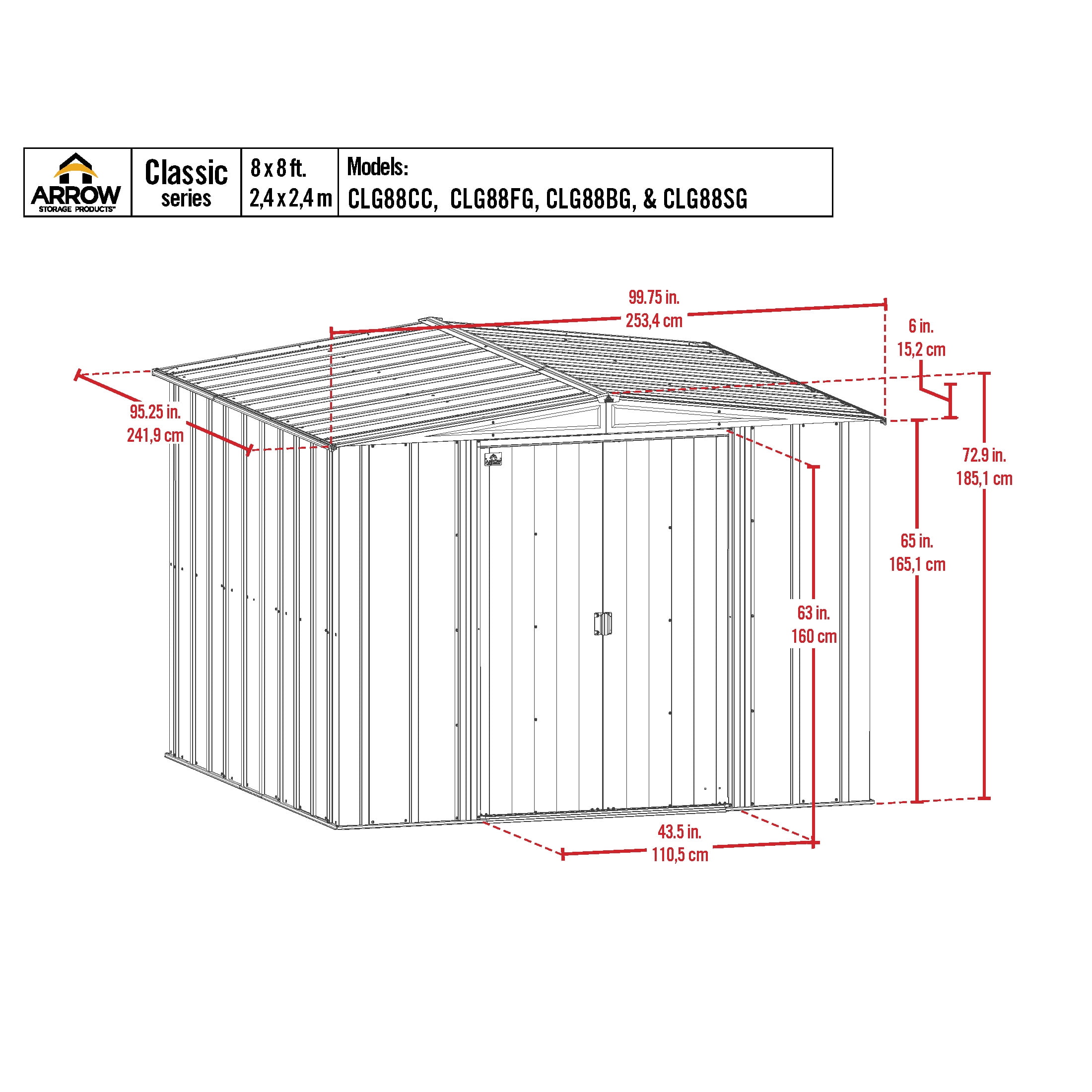 Arrow 8 x 8 x 6 ft Grey Shed