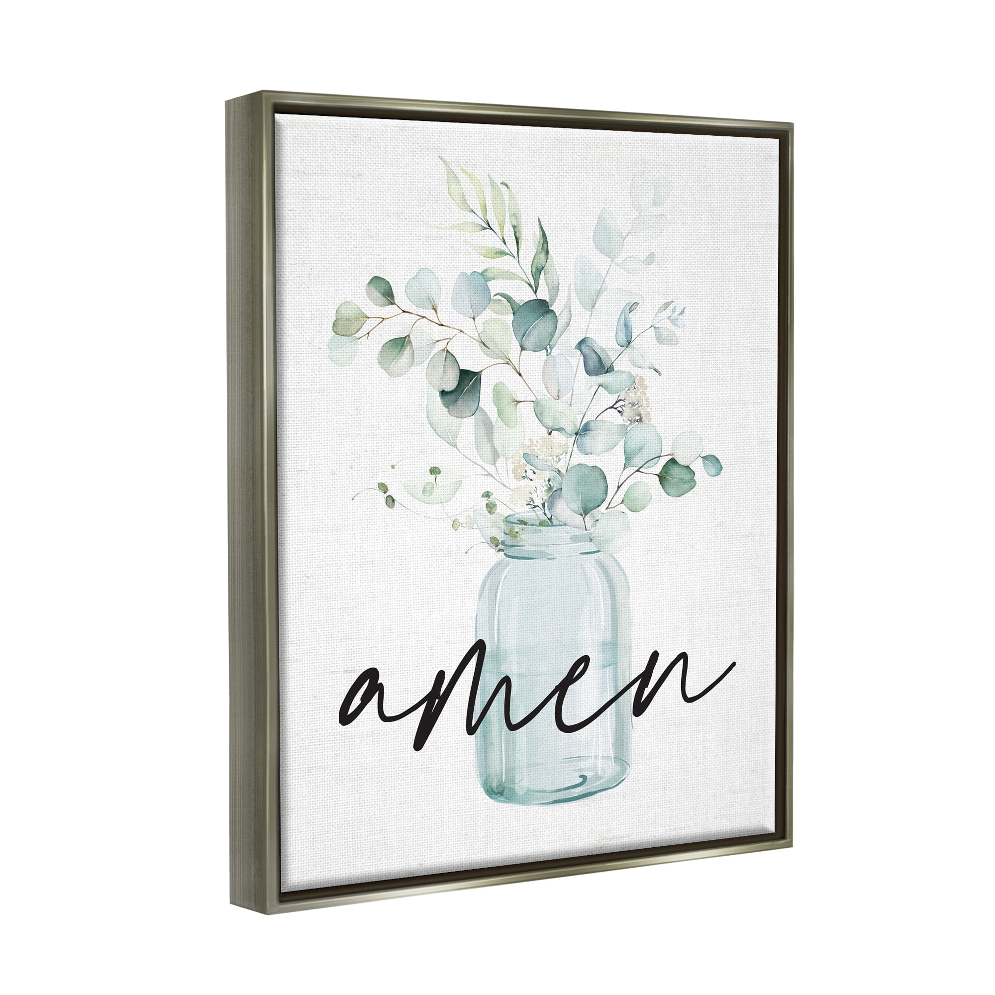 Stupell Industries Amen Religious Calligraphy Eucalyptus Botanicals Country Jar Graphic Art Luster Gray Floating Framed Canvas Print Wall Art, Design by Lettered and Lined
