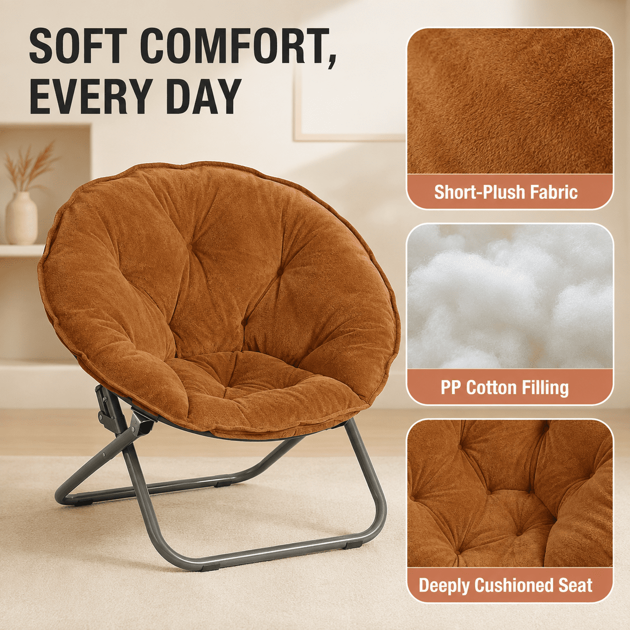 CLOUDREST PRO Soft Plush Folding Saucer Chair for Adults, Padded Round Lounge Seat, Metal Frame, 300 lb Capacity, Brown