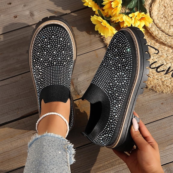 WHLBF Shoes for Women Round Toe Casual Solid Color Breathable Rhinestone Embellished Mid Heel Shoes Size 5.5