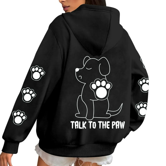 Cnbwig Women's Sweatshirts Trendy Hoodie Oversized Hooded Dog Paw Printed Sweatshirt Long Sleeve Pullover Soft Loungewear Streetwear Top Shirts Tops Casual Blouses A-Black L