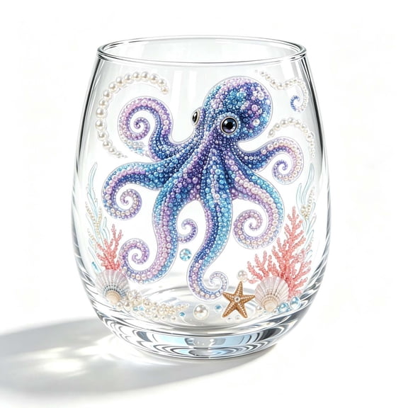 STIJGGN Stemless Wine Glass, Purple Blue Ocean Octopus Seashell Printed Drinking Glass, Summer Coastal Nautical Home Decor Glassware, Beverage Cup Gift for Ocean Themed Parties