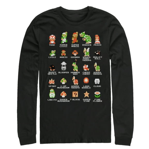 Men's Nintendo Super Mario Bros Character Guide Long Sleeve Shirt Black Large
