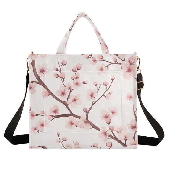 Cherry Flowers Blossom Corduroy Tote Bag Handbag Large Messenger Bag Shoulder Crossbody Zipper Bag Purse