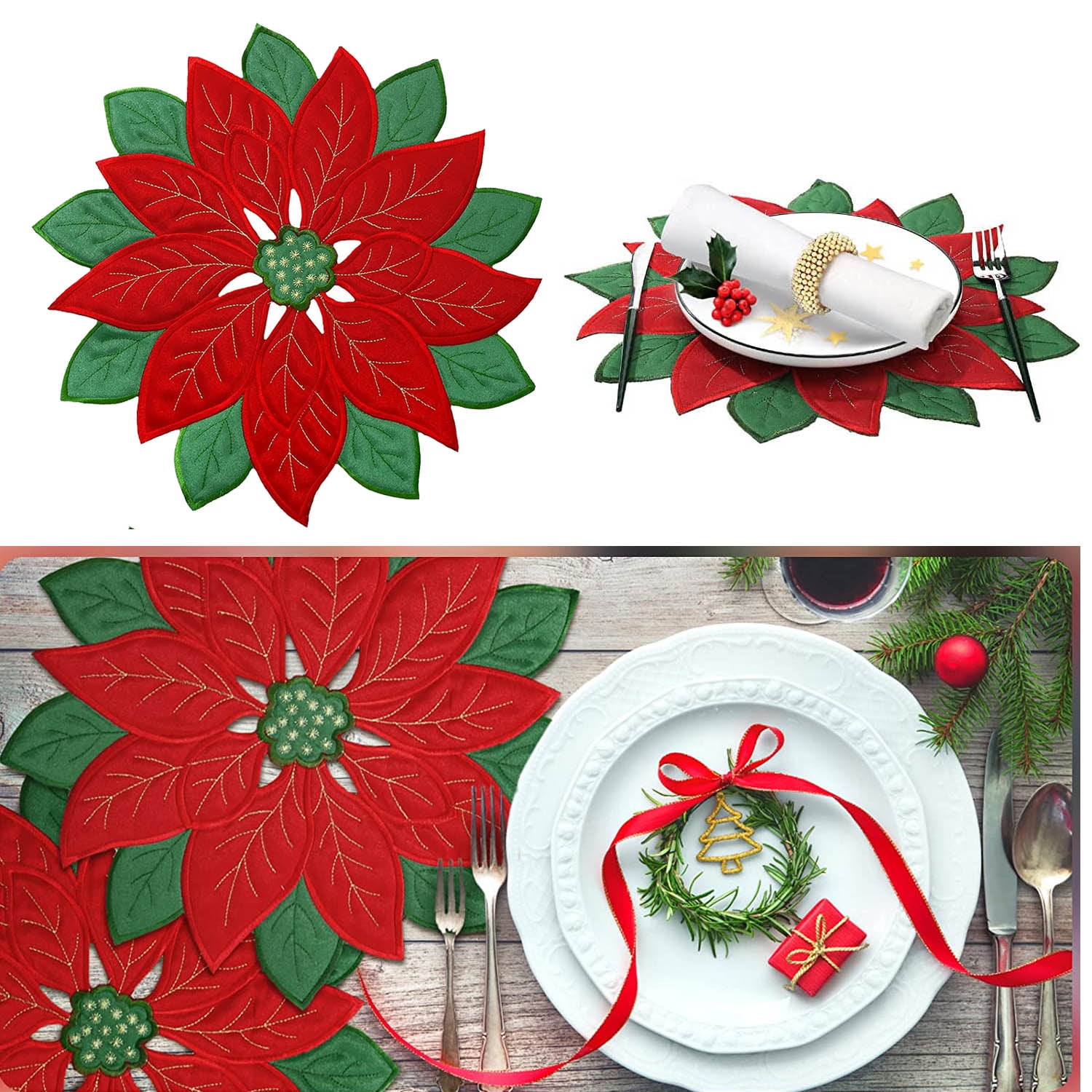 Christmas Placemats Applique Poinsettia Placemat Red with Green