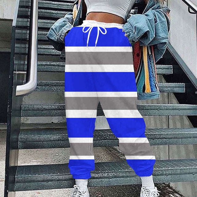 Puntoco Moda Casual Para Mujer Bolsillos Estampados A Rayas Cintura Elástica Con Cordón Leggings Pantalones Deportivos Pantalones Azul M