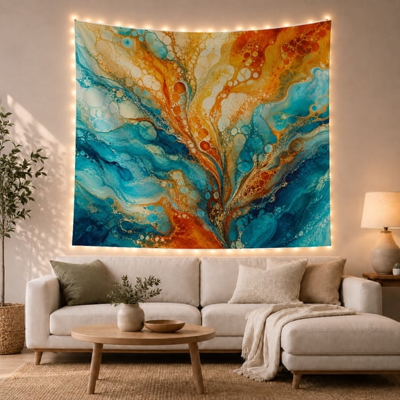 Fluid Acrylic Pour Tree and Fountain on Vibrant Blue Canvas, Dramatic Boho for Art Lovers, Abstract Wall Decor, Housewarming Gift, Tapestry Wall Hanging for Bedroom and Living Room