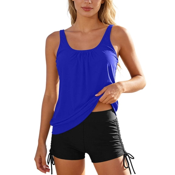 DHFJKG Womens Tummy Control Tankini Swimsuits Solid Color Bathing Suit Scoop Neck Two Piece Swimwear With Shorts Stylish Beachwear
