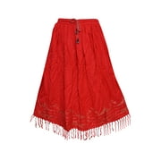 Mogul Women's Skirt Red Tassel Hemline Elastic Waist Long Skirts