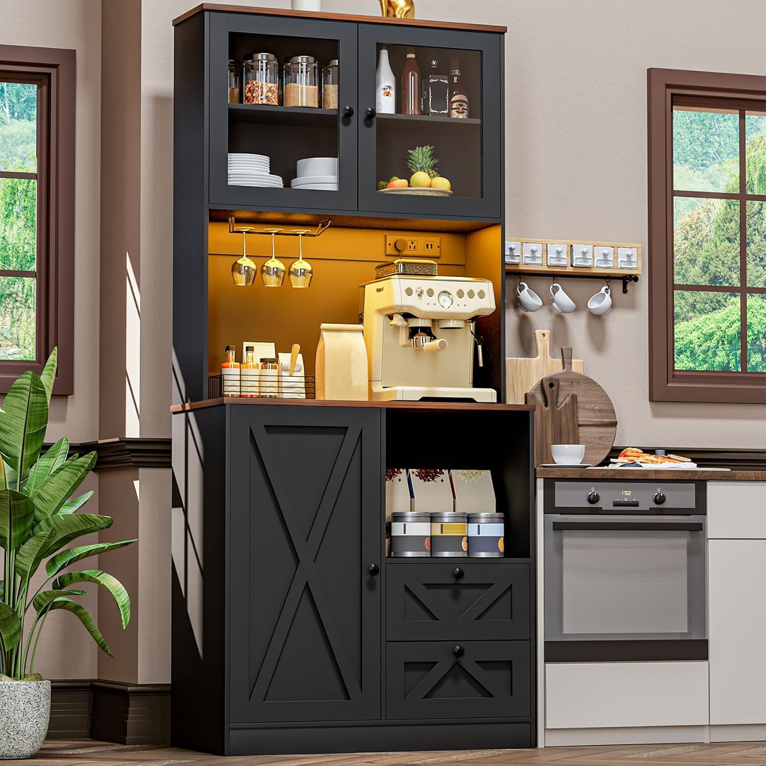 Timagebreze 71 Inch Farmhouse Pantry with LED Lighting & Electrical Outlet, Tall Kitchen Cabinet with Microwave Stand,Black
