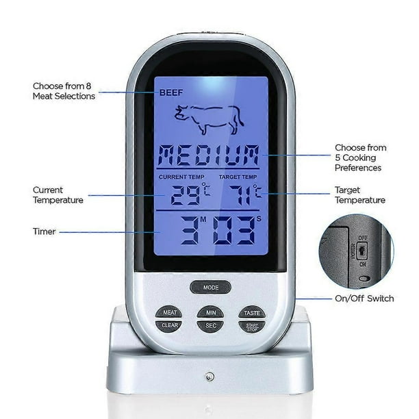 Wireless Meat Thermometer with Probe LCD Display with Backlight Countdown Function Digital Remote Cooking Thermoters for Barbeque Grill Oven Kitchen