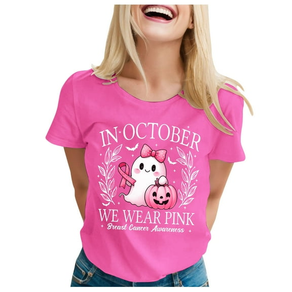 Womens Halloween Cancer T Shirts Cute Pink Ribbon Ghost Graphic Crewneck Tops Summer Short Sleeve Casual Tees Hot Pink L