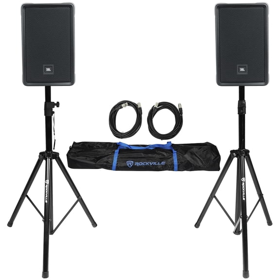 2) JBL IRX108BT 8" 1000 Watt Powered DJ Portable PA Speakers w/ Bluetooth Stands