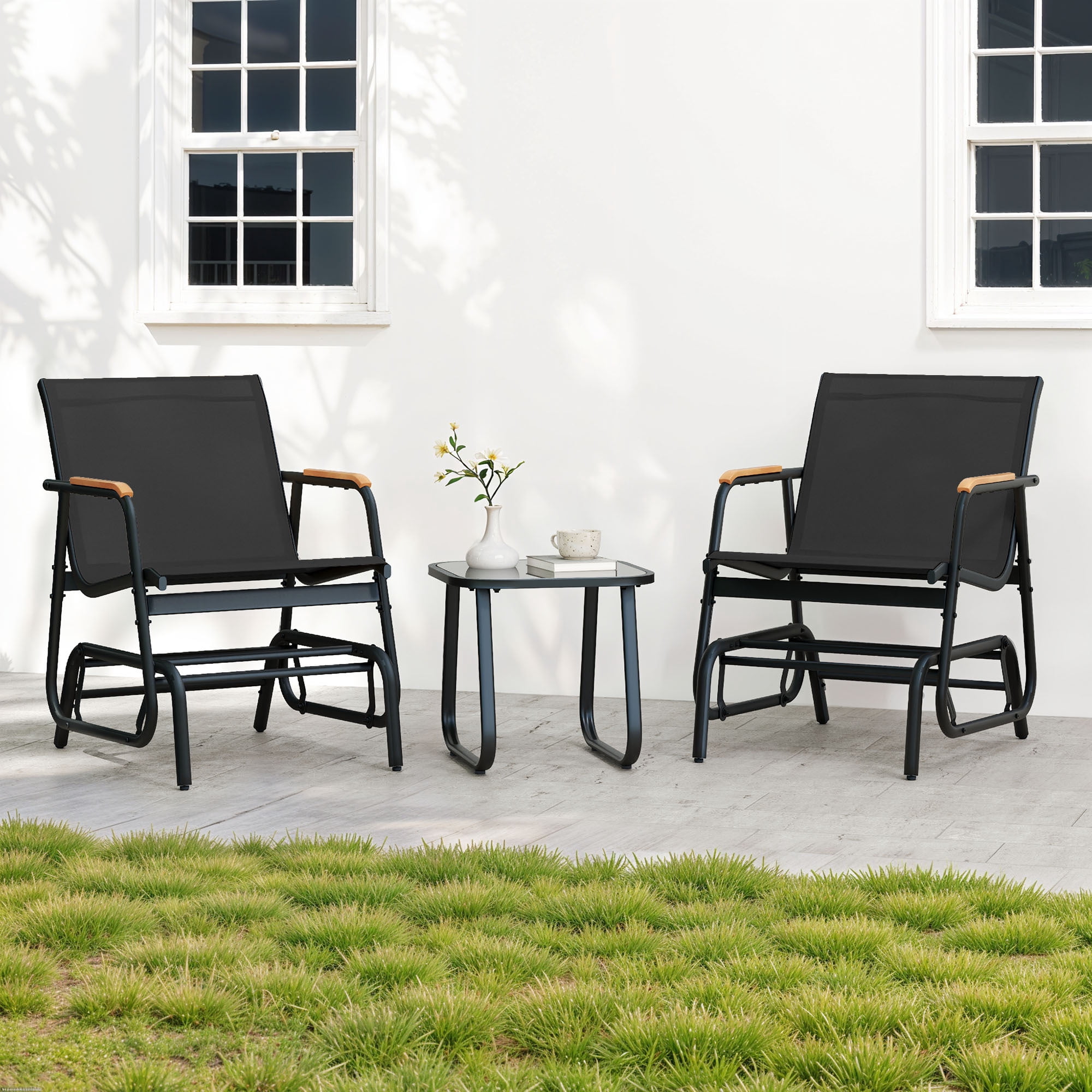 Uforic 3-Piece Patio Furniture Set, Outdoor Textilene Glider Bistro Set with 2 Glider Chairs & Tempered Glass Coffee Table, Heavy Duty Outdoor Seating Set for Backyard, Garden, Balcony, Black