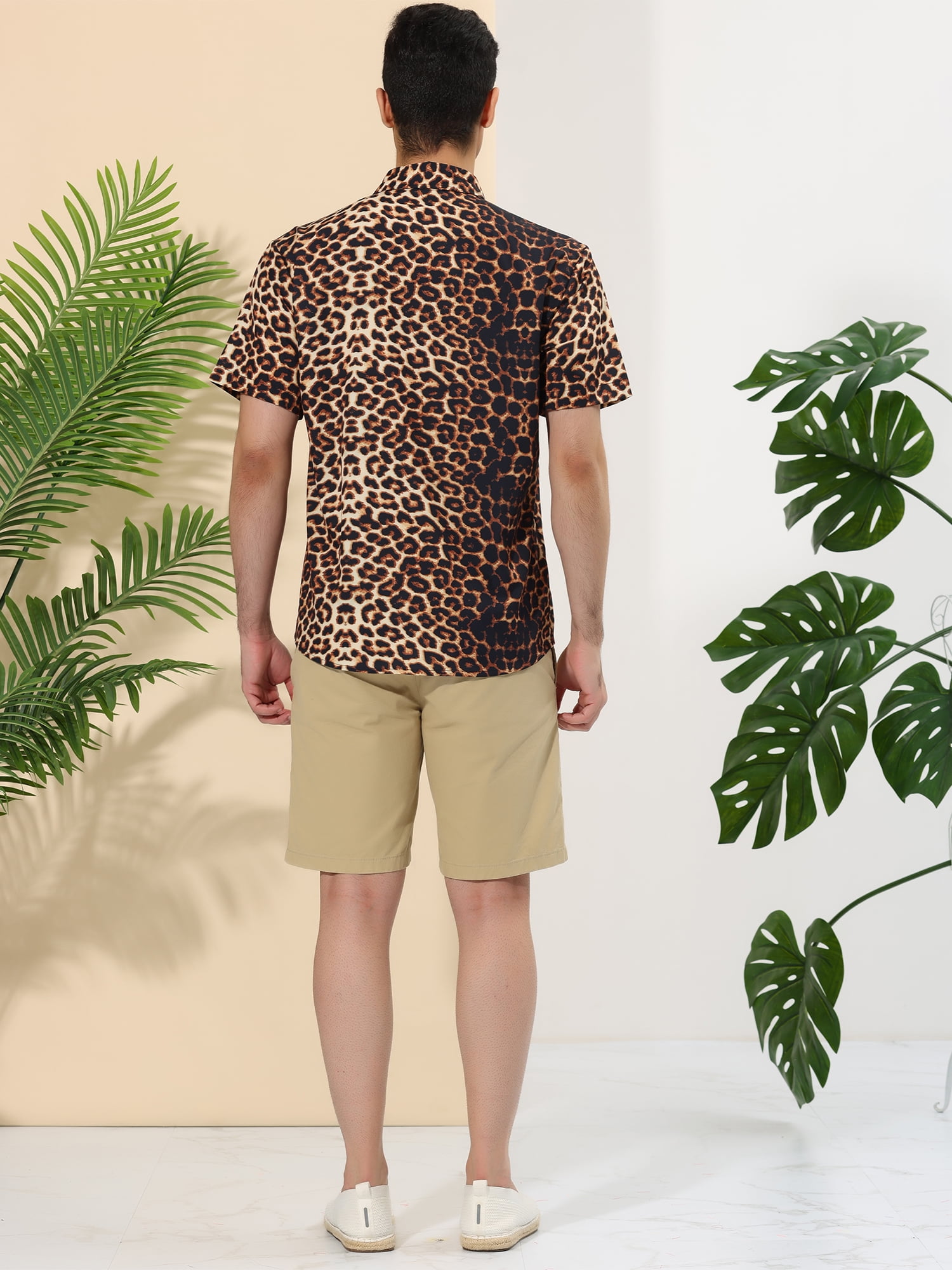 Unique Bargains Men's Animal Print Short Sleeves Casual Summer Printed Shirts S Leopard Print