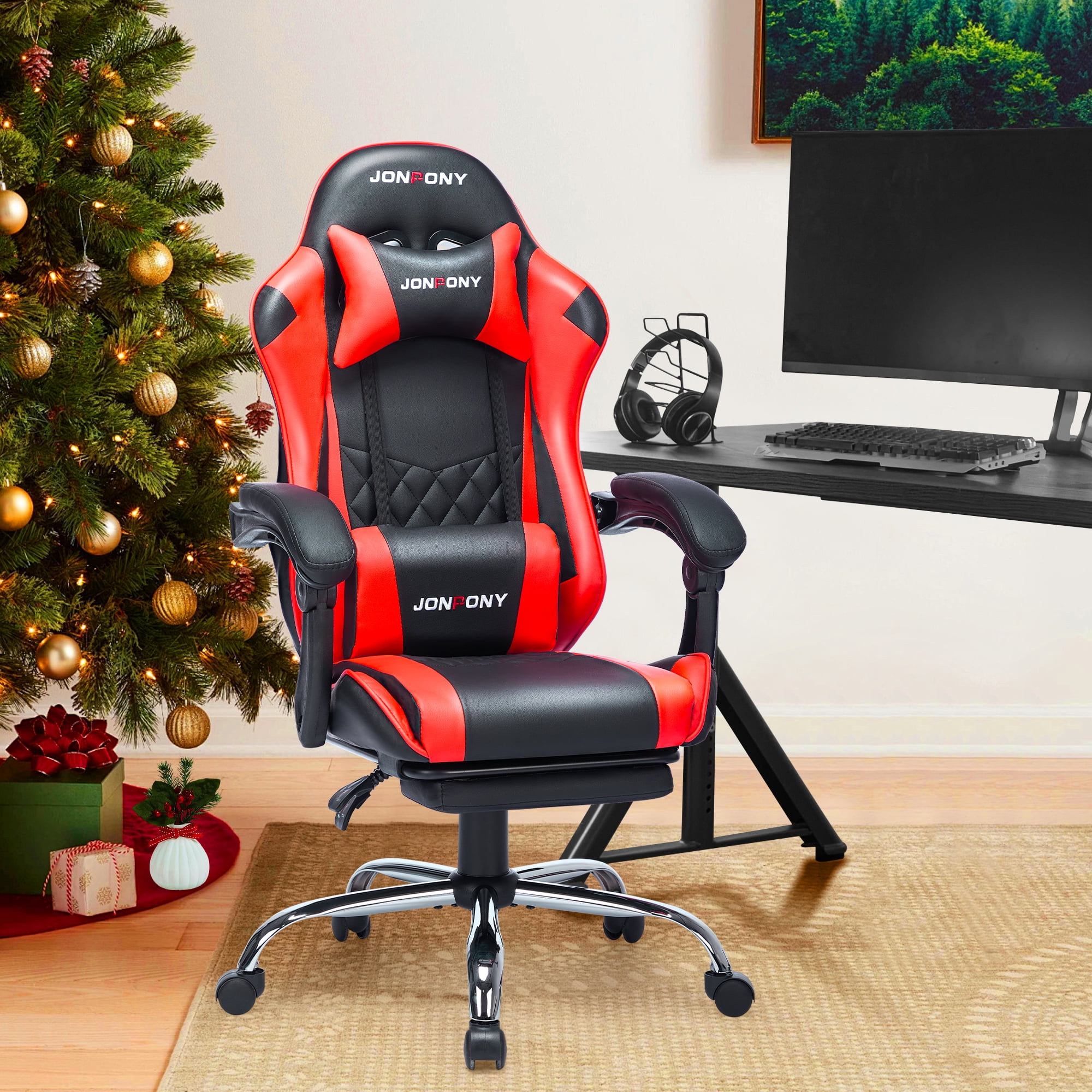 JONPONY Big and Tall 400LBS Gaming Chair, Ergonomic Design, Gamer Chair PU Leather with Footrest and Lumbar Support, High Back Office Chair Support 8 Hours Long Sitting, Computer Chair,Red