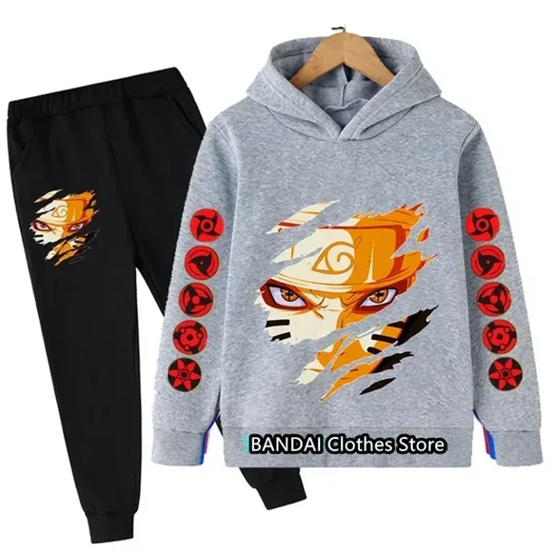Conjunto de Sudadera con capucha de Naruto de Anime japonés para niños, ropa para niños y niñas, traje deportivo para niños, pantalones con capucha, conjunto de 2 piezas, moda de otoño