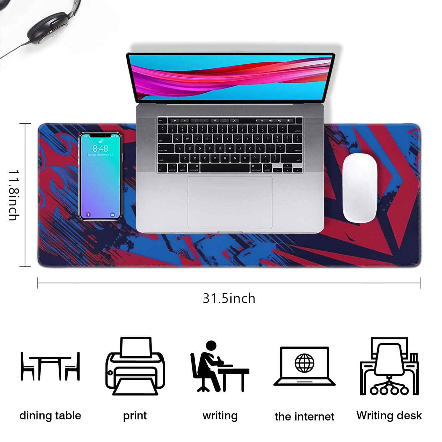 Experience Superior Gaming with Large 31.5x11.8 inch Black Red Mouse Pad - Non-Slip Base, Stitched Edge Keyboard Mat for Home Office Work
