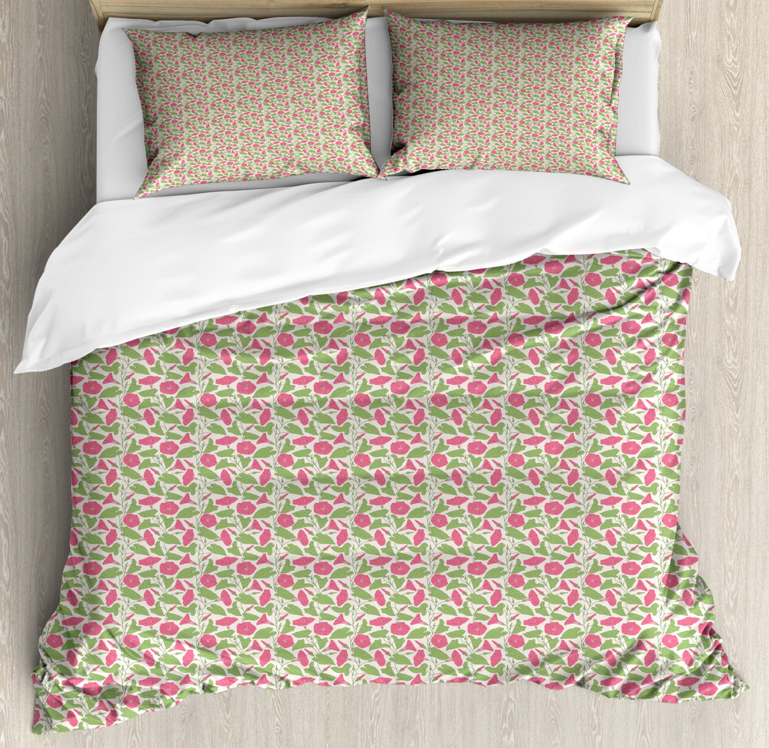 Flower Duvet Cover Set, Pretty Bindweeds and Leaves Damask Vintage