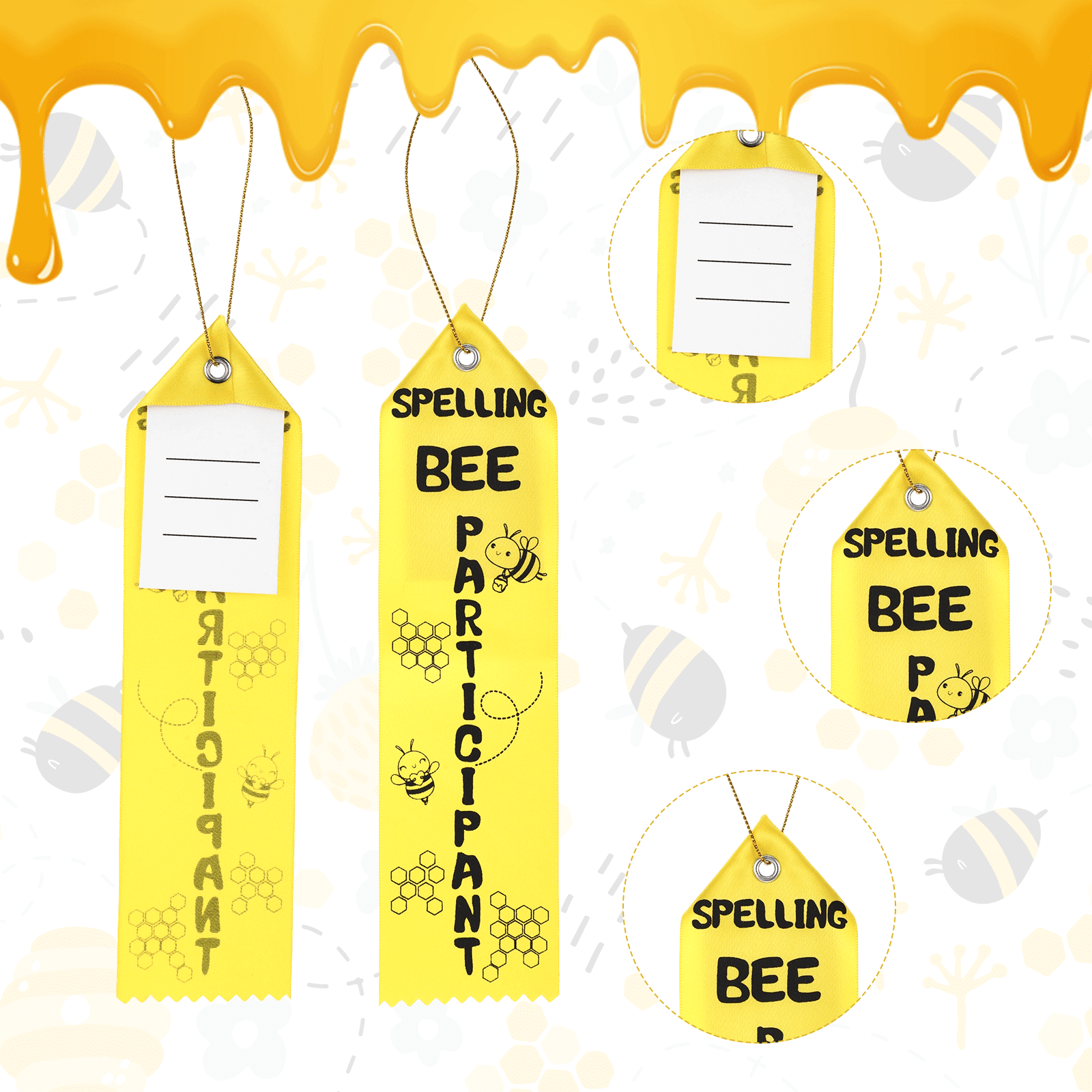 100Pcs Spelling Contest Reward Ribbons, Yellow Bee Theme with Matching Cards and Lanyards, Cute Eye-Catching Participant Ribbons for Contest Rewards Display and Gifting