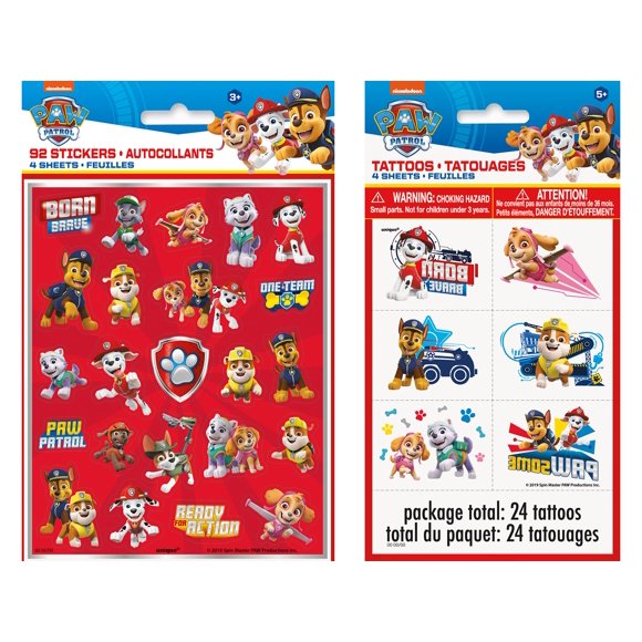 Pat' Patrouille Ensemble de Cadeaux de Fête / 24 Tatouages Temporaires + 92 Autocollants à Thème Mettant en Vedette Chase, Skye et Marshall / Fournitures d'Anniversaire Amusantes pour Enfants, Garçons et Fille