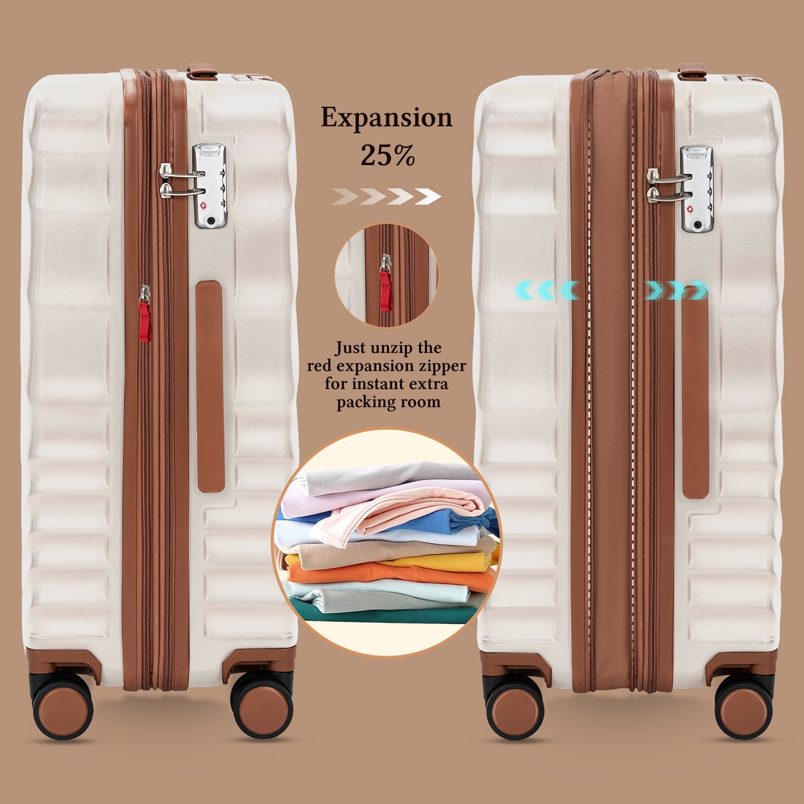 Rosamo 6 Piece Hardshell Luggage Set, Lightweight Expandable Suitcases with Spinner Wheels, TSA Lock, Durable ABSLuggage Sets for Travel；Beige
