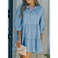 thumbnail image 3 of Asyoly Women's V Neck Tie Tiered Denim Dress 3/4 sleeve Casual Dress Babydoll Mini Dress A Line Dress, 3 of 5