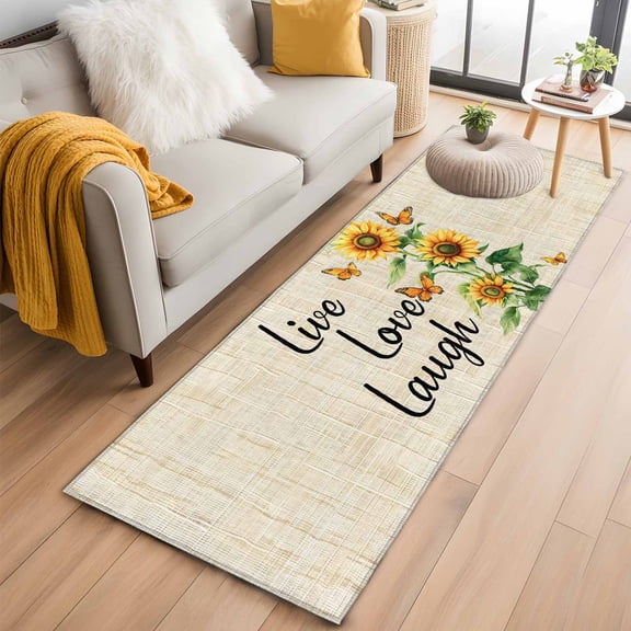 Sunflower Kitchen Runner Rug 2x6 Washable Runners for Hallway Non Slip Watercolor Summer Botanical Butterfly Large Area Rug Indoor Floor Carpet for Bathroom Laundry Entryway Bedroom Living Room