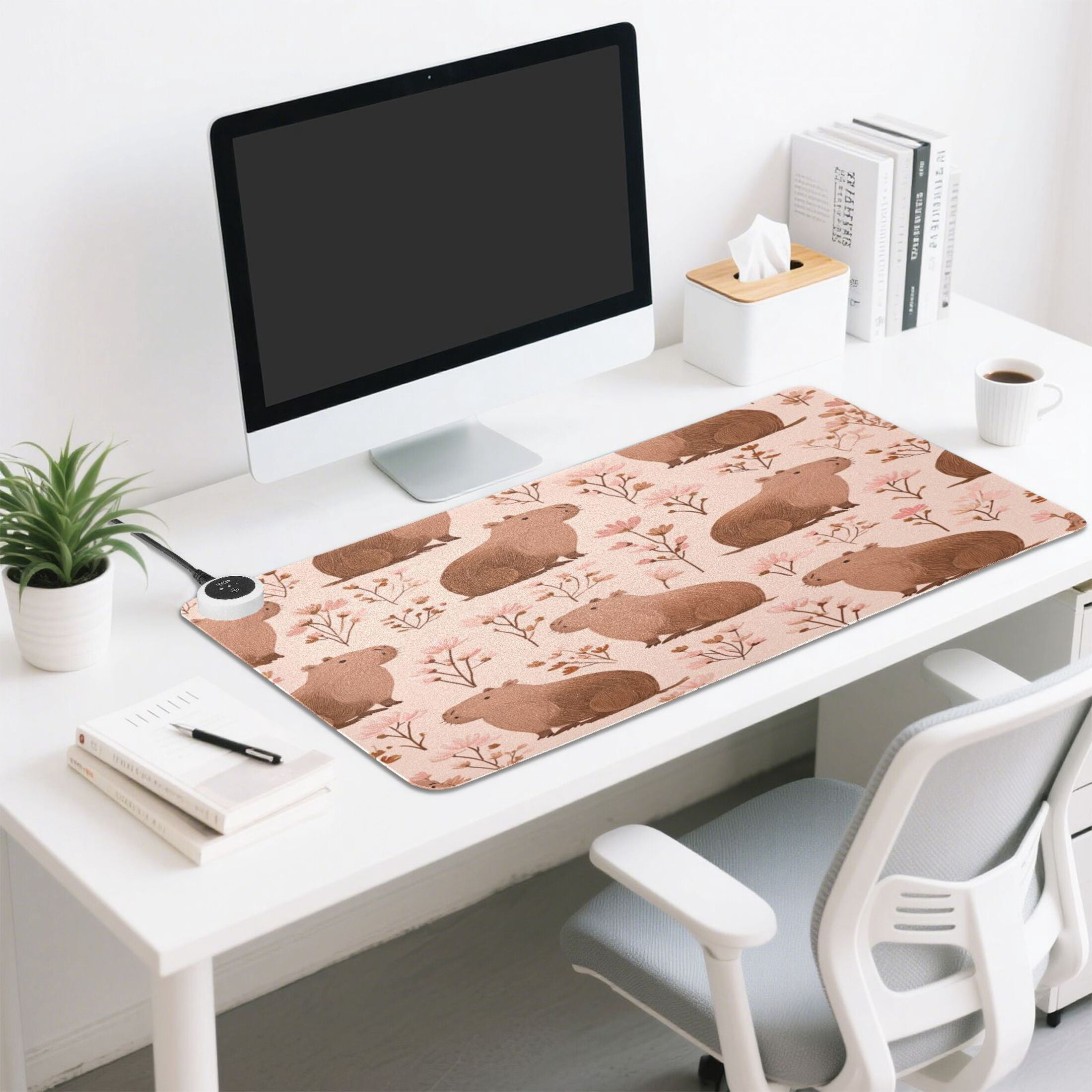Large Heated Desk Mat Mouse Pad 31.5"x13"PU Leather Graphene Heating Desk Warmer with 3 Temperature Settings 110V US Plug Non-Slip Warm Pad for Home, Office, and Gaming Cute Brown Capybara Pattern
