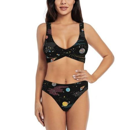 Zeuib Galaxy High Waisted Tummy Control Bikini Set - Knot Front Push Up Top & Cheeky Thong Bottom  Two-Piece Swimsuit for Women-XX-Large
