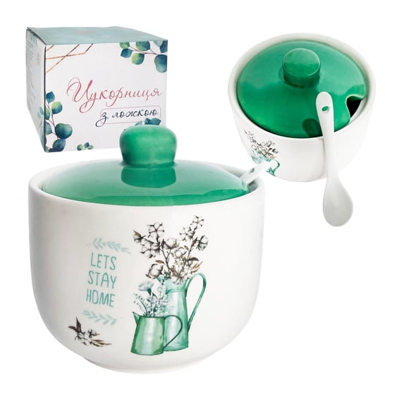 STP GOODS Teal Cottagecore Ceramic Sugar Bowl with Spoon and Lid 15.2 fl oz (450 ml) Sugar Jar Sugar Container for Kitchen 4.3x3" (11x7.5 cm) White Mint