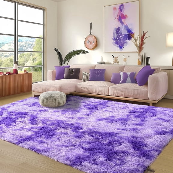 Socofuz 4x6ft Tie Dye Purple Fluffy Rug, Non-Slip Plush Indoor Floor Carpet for Living Room Bedroom Girls Kids Room Nursery Home Decor