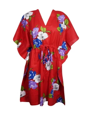 Mogul Women Hot Red Floral Tunic Dress Cotton Kimono Sleeves Knee Length Comfy Loose Kaftan Beach Cover Up Short Caftan Dresses 3X
