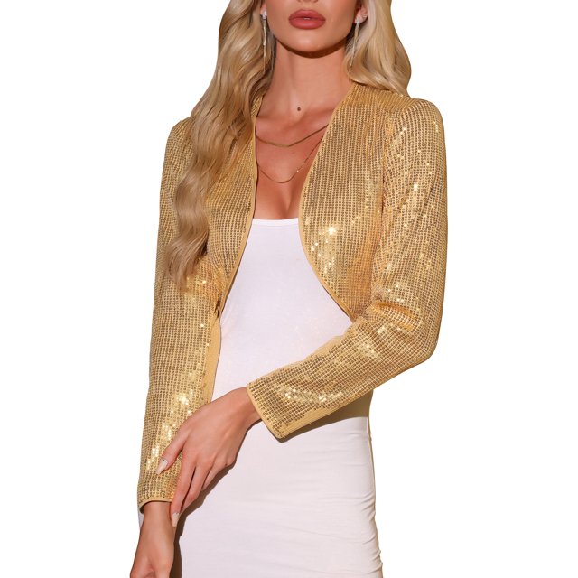 Unique Bargains Veste à Sequins pour Femmes Fête Ouvert devant Boléro Scintillant Or TG