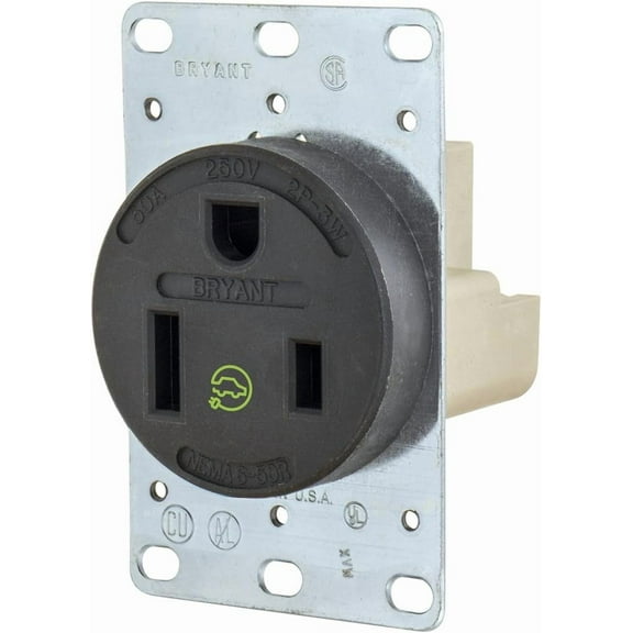 Bryant Electric 9650FR 50 Amp 250V NEMA 6-50R Flush Straight Blade Receptacle, Black