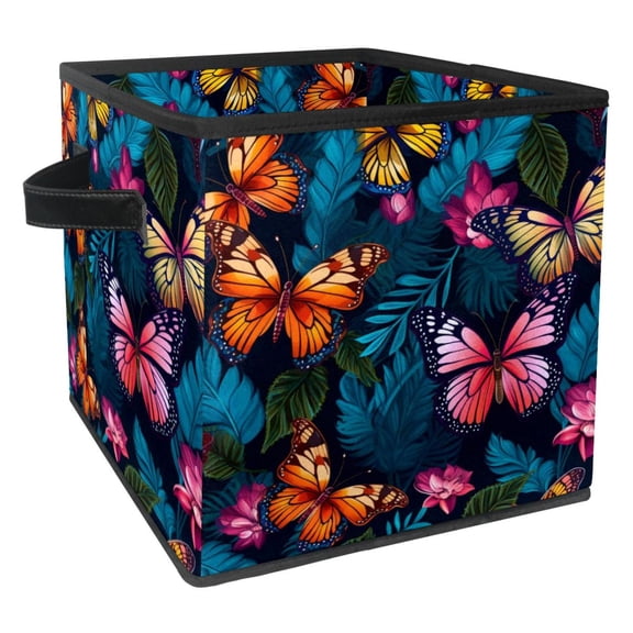 Flower Butterfly Foldable Storage Box with Handle, 10.8"x10.5"x10.6", Large Capacity Storage Bin Cube Organizer