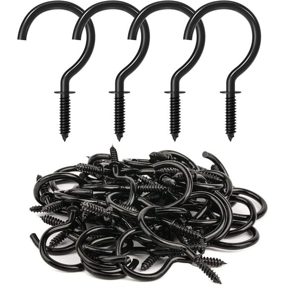 50 Pcs Screw Hooks, 1-1/4 Inch Black Cup Hooks Screw in Mug Hooks Metal Heavy Duty Screw Wood Wall Ceiling Hooks Plant Hooks Indoor Outdoor for Utensils Baskets Lights Wind Chimes Decor
